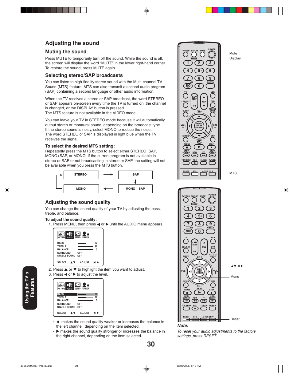 Adjusting the sound, Muting the sound, Selecting stereo/sap broadcasts | Adjusting the sound quality, Using the tv ’s features | Toshiba 26AF45C User Manual | Page 30 / 36