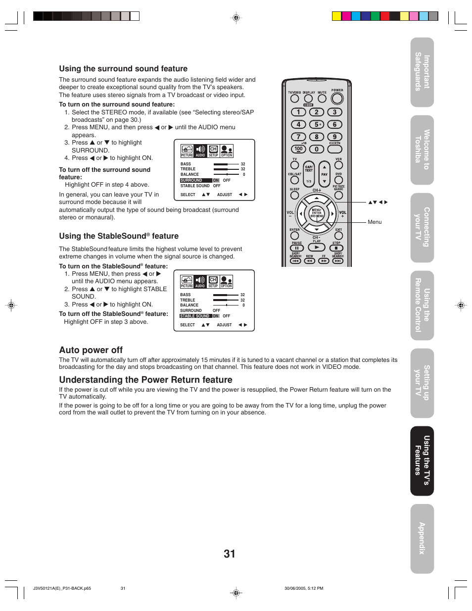 Auto power off, Understanding the power return feature, Using the stablesound | Feature, Using the surround sound feature | Toshiba 26AF45C User Manual | Page 31 / 36