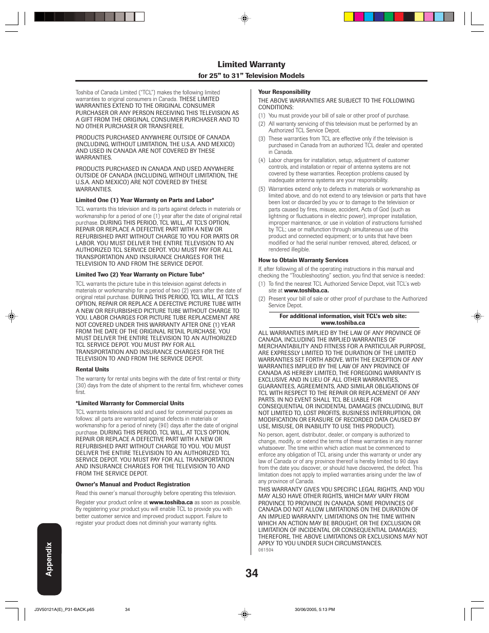 Limited warranty | Toshiba 26AF45C User Manual | Page 34 / 36