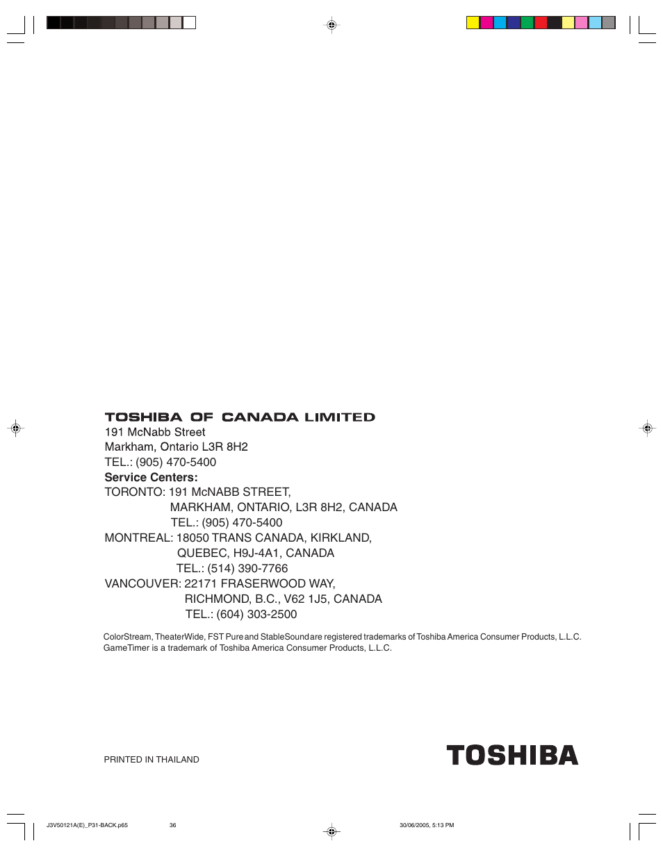Toshiba 26AF45C User Manual | Page 36 / 36