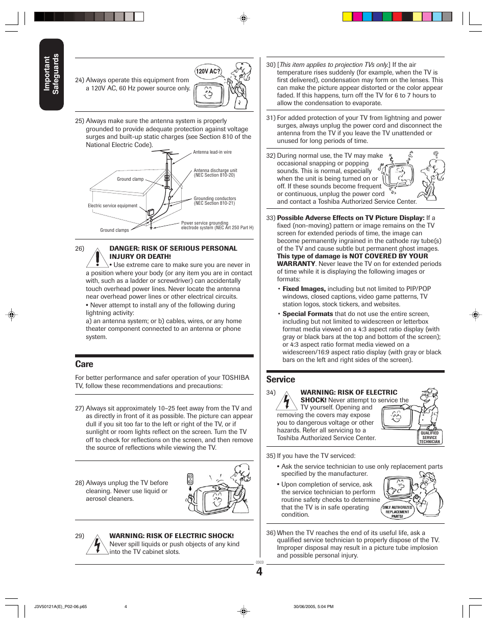 Care, Service | Toshiba 26AF45C User Manual | Page 4 / 36