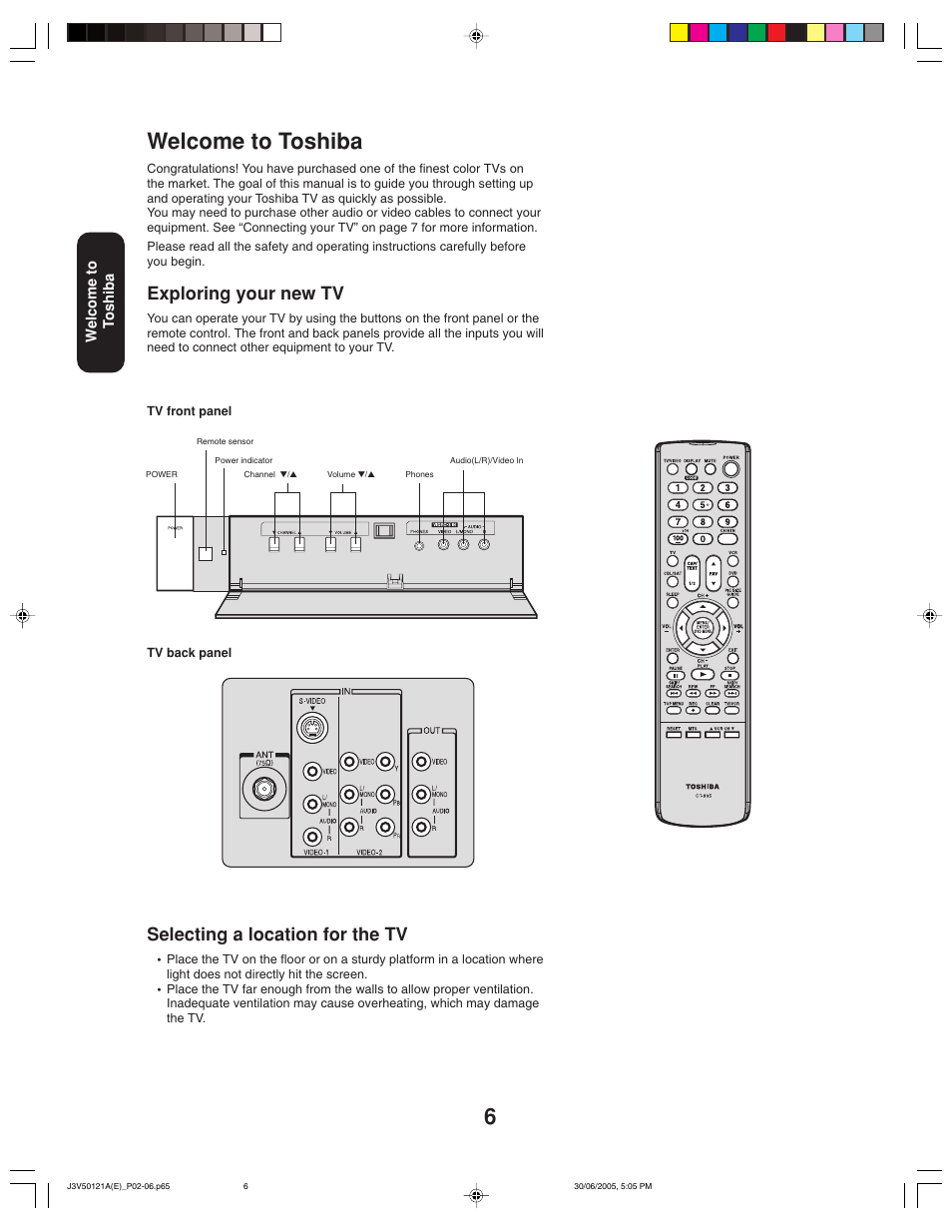 Welcome to toshiba, Selecting a location for the tv, Exploring your new tv | Toshiba 26AF45C User Manual | Page 6 / 36