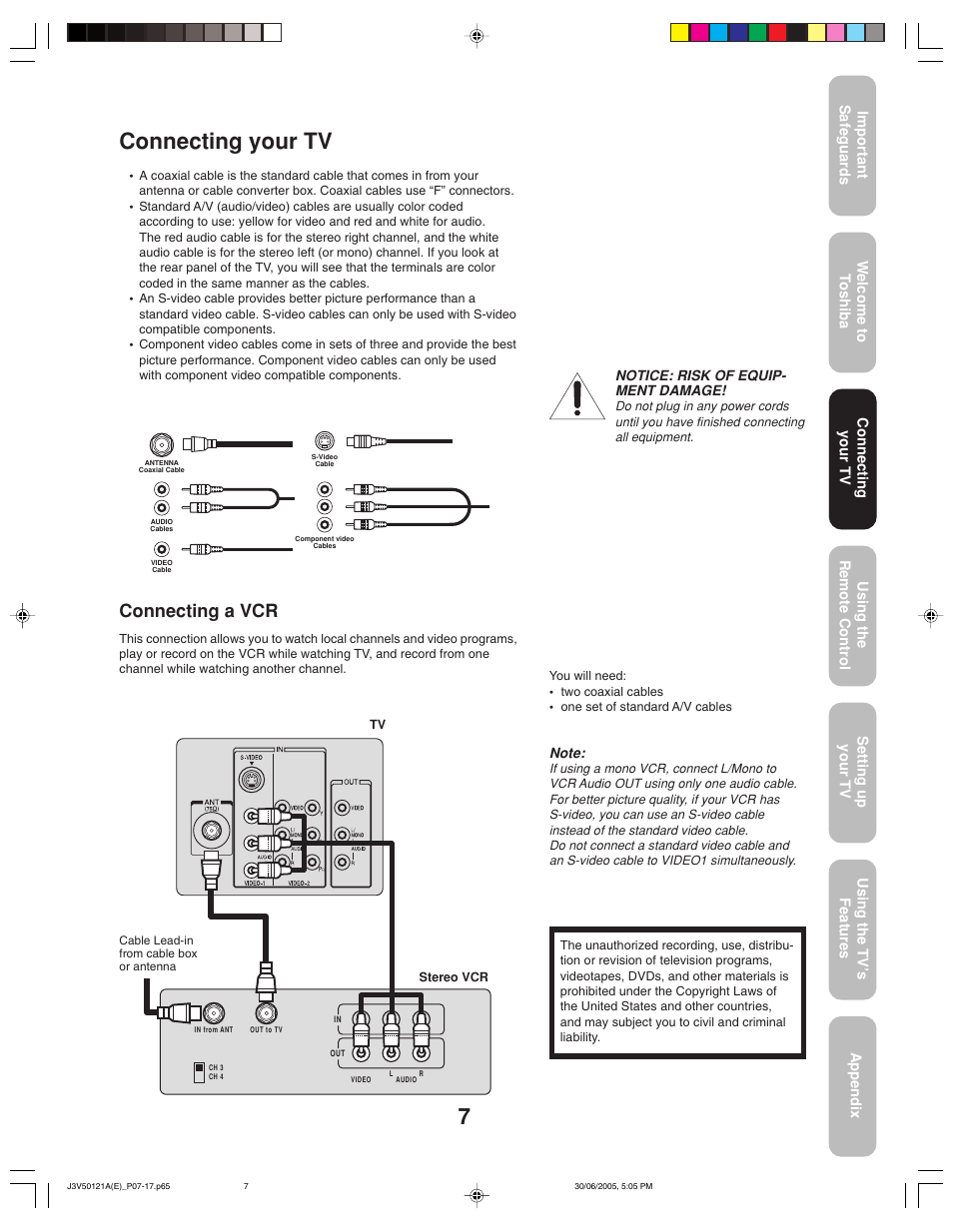 Connecting your tv, Connecting a vcr | Toshiba 26AF45C User Manual | Page 7 / 36