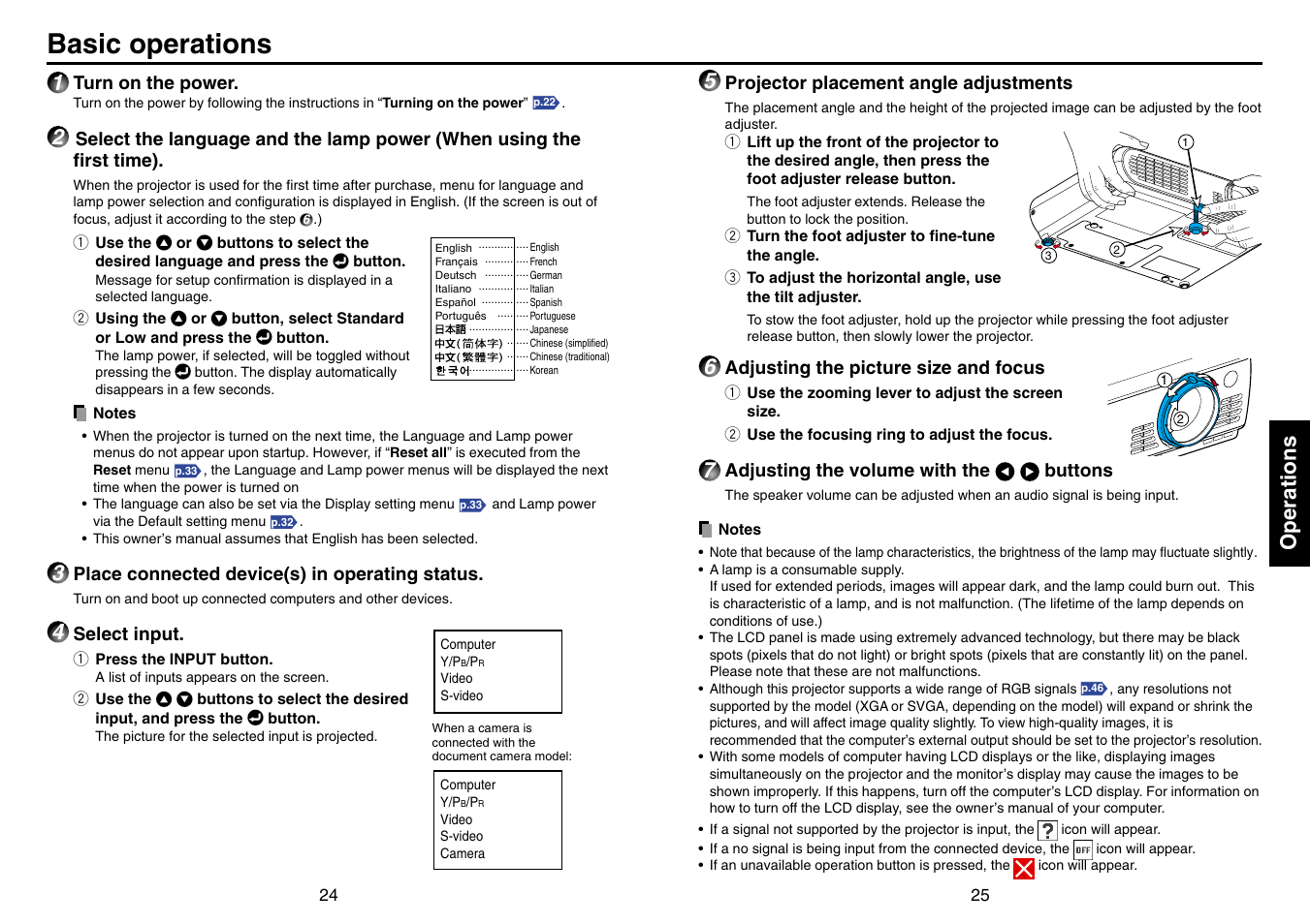 Basic operations, P.25, P.24 | Operations | Toshiba TLP-T70M (XGA) User Manual | Page 13 / 26