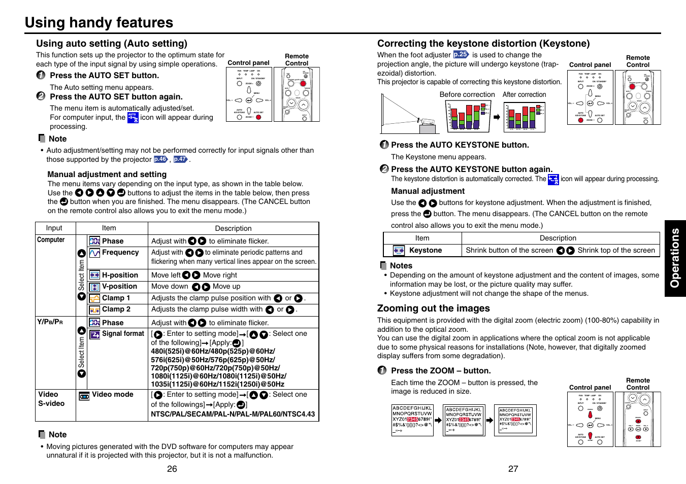 Using handy features, Using auto setting (auto setting), Correcting the keystone distortion (keystone) | Zooming out the images, P.27, P.26, Operations, Press the auto keystone button, Press the auto keystone button again, Manual adjustment | Toshiba TLP-T70M (XGA) User Manual | Page 14 / 26