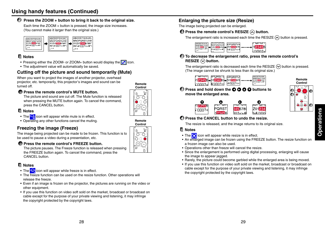 Freezing the image (freeze), Enlarging the picture size (resize), P.28 | P.29, Operations, Using handy features (continued) | Toshiba TLP-T70M (XGA) User Manual | Page 15 / 26