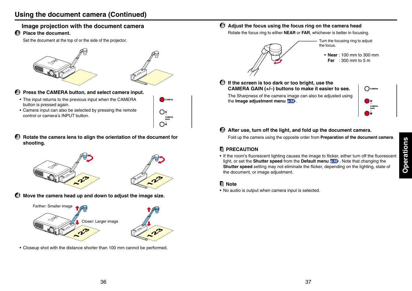 Image projection with the document camera, P.36, P.37 | Operations, Using the document camera (continued) | Toshiba TLP-T70M (XGA) User Manual | Page 19 / 26