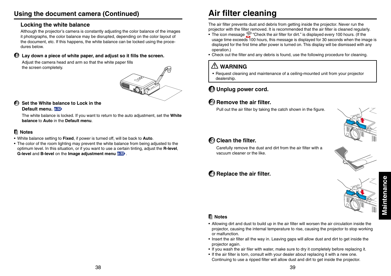 Locking the white balance, Maintenance, Air filter cleaning | Toshiba TLP-T70M (XGA) User Manual | Page 20 / 26