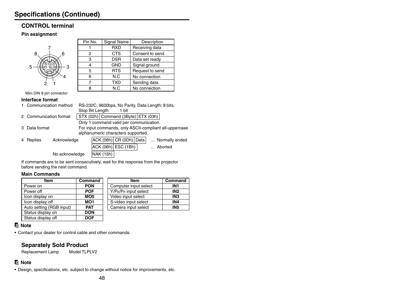 Control terminal, Separately sold product, P.48 | Specifications (continued) | Toshiba TLP-T70M (XGA) User Manual | Page 25 / 26