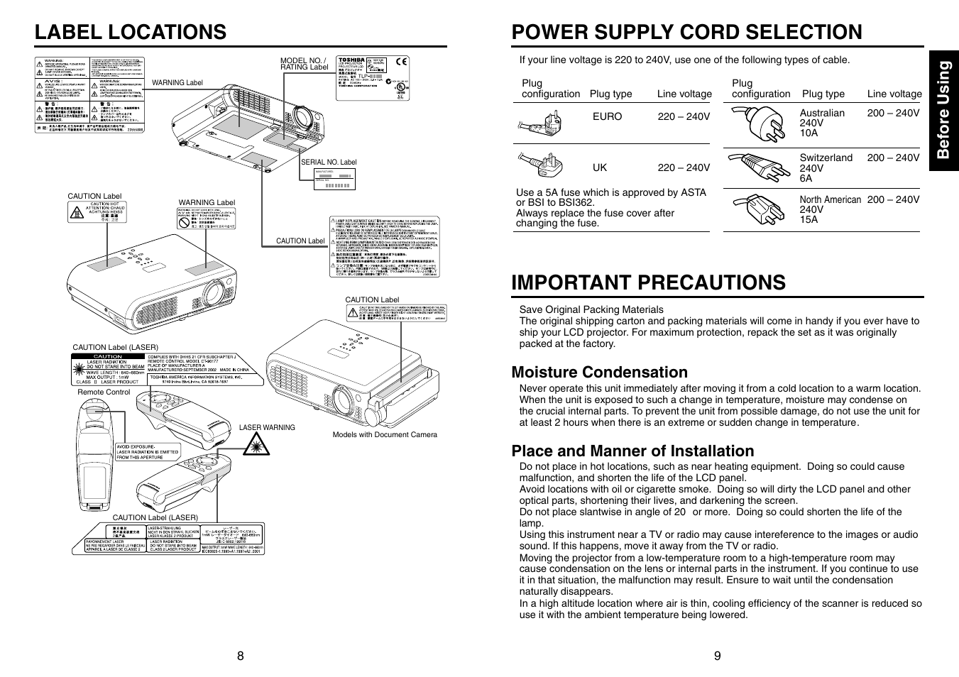 Label locations, Power supply cord selection, Important precautions | Before using, Moisture condensation, Place and manner of installation, Inp ut pla y | Toshiba TLP-T70M (XGA) User Manual | Page 5 / 26