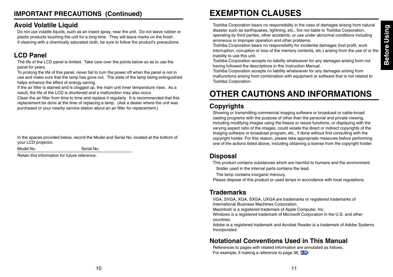 Exemption clauses, Other cautions and informations, Before using | Lcd panel, Copyrights, Disposal, Trademarks, Notational conventions used in this manual | Toshiba TLP-T70M (XGA) User Manual | Page 6 / 26