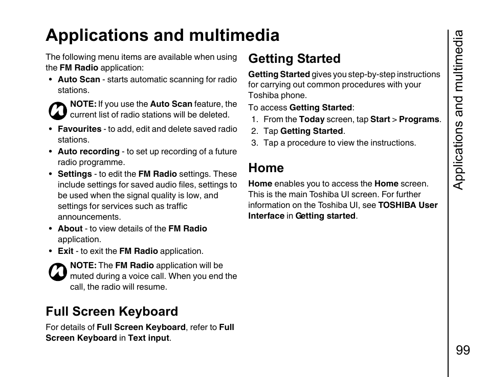 Getting started 99, Home 99, Applications and multimedia | Applications and multimedia 99, Full screen keyboard, Getting started, Home | Toshiba Portege G810 User Manual | Page 100 / 180