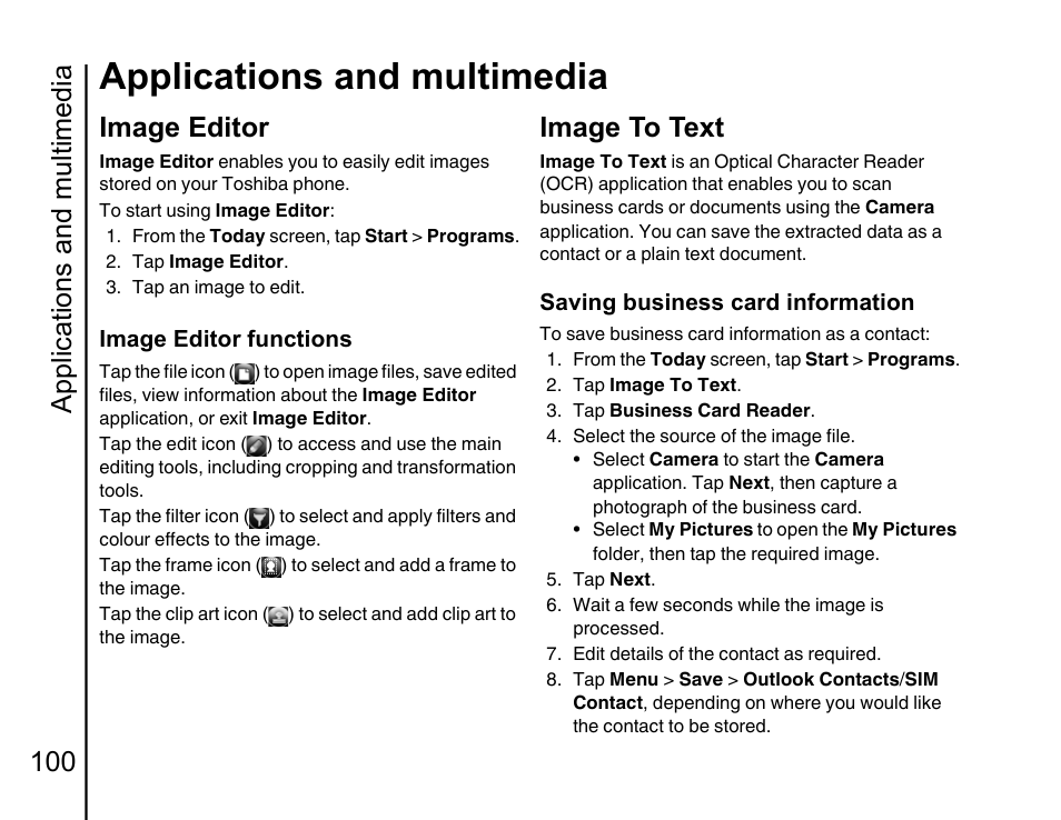 Image editor 100, Image to text 100, Applications and multimedia | Applications and multimedia 100, Image editor, Image to text | Toshiba Portege G810 User Manual | Page 101 / 180