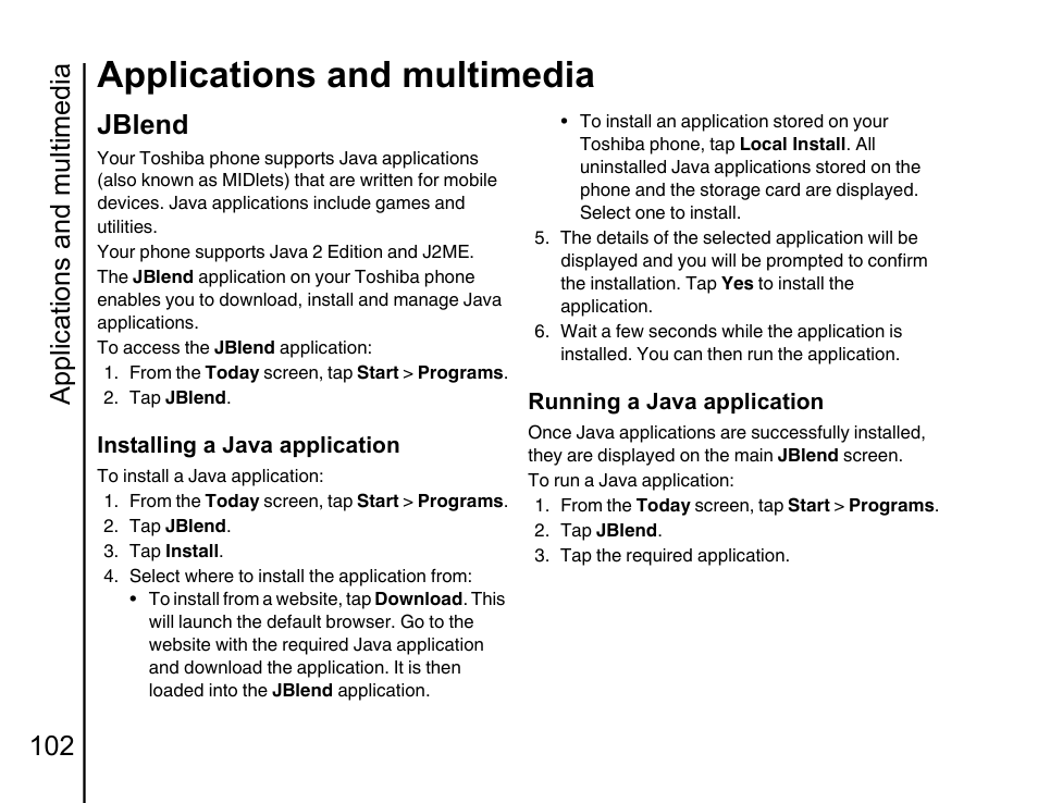 Jblend 10, Applications and multimedia, Applications and multimedia 102 | Jblend | Toshiba Portege G810 User Manual | Page 103 / 180