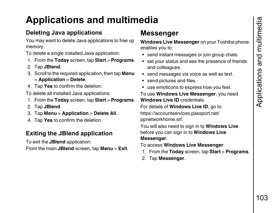 Messenger, Applications and multimedia, Applications and multimedia 103 | Toshiba Portege G810 User Manual | Page 104 / 180