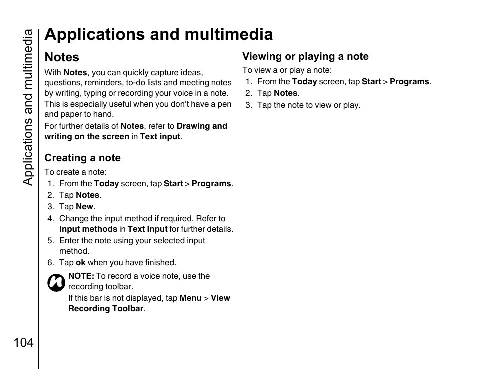 Notes 104, Applications and multimedia, Applications and multimedia 104 | Toshiba Portege G810 User Manual | Page 105 / 180