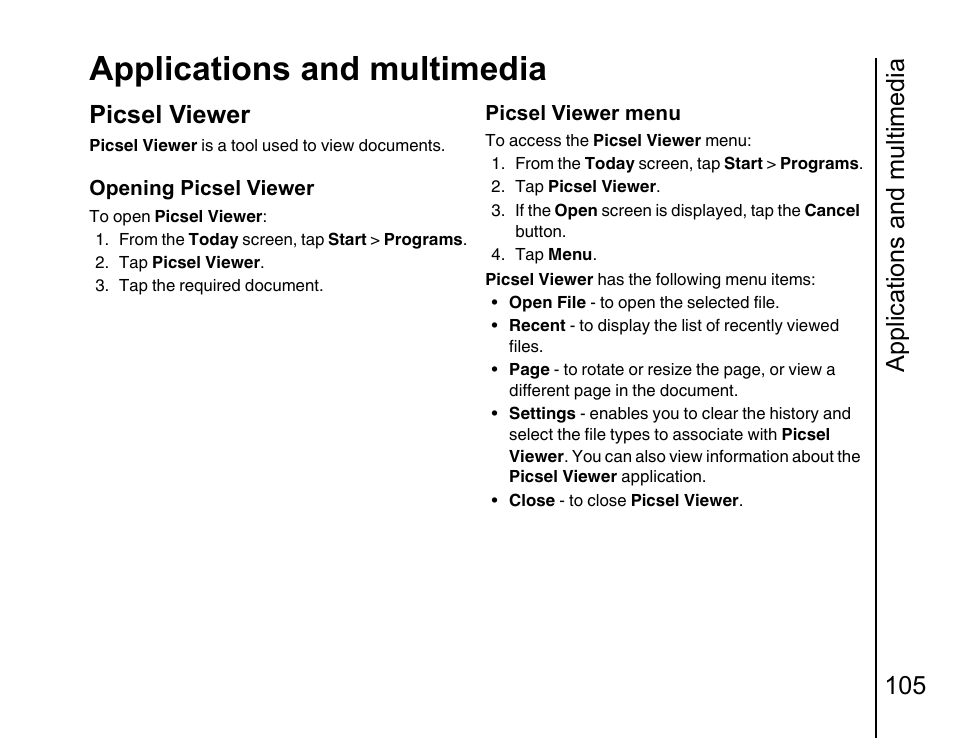 Picsel viewer 105, Applications and multimedia, Applications and multimedia 105 | Picsel viewer | Toshiba Portege G810 User Manual | Page 106 / 180