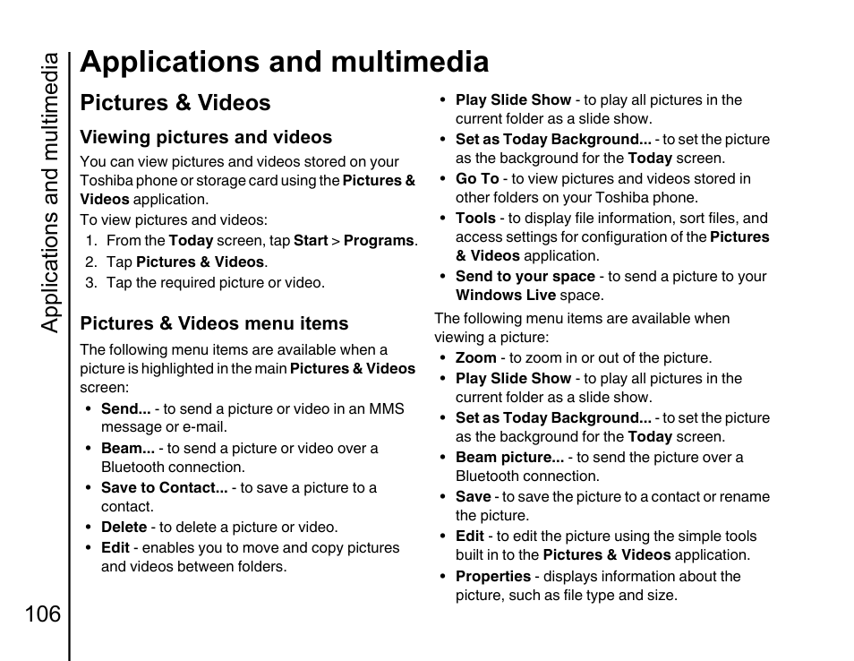 Pictures & videos 10, Applications and multimedia, Applications and multimedia 106 | Pictures & videos | Toshiba Portege G810 User Manual | Page 107 / 180