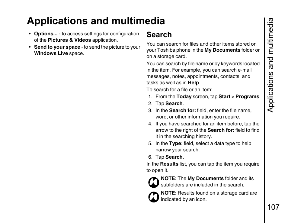 Search 1, Applications and multimedia, Applications and multimedia 107 | Search | Toshiba Portege G810 User Manual | Page 108 / 180