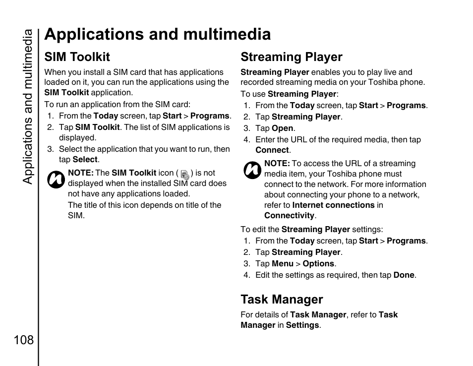 Sim toolkit 108, Streaming player, Applications and multimedia | Applications and multimedia 108, Sim toolkit, Task manager | Toshiba Portege G810 User Manual | Page 109 / 180