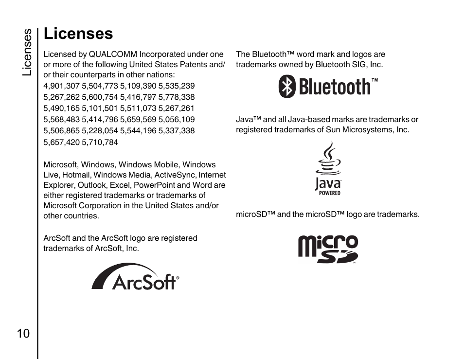 Licenses 10, Licenses | Toshiba Portege G810 User Manual | Page 11 / 180