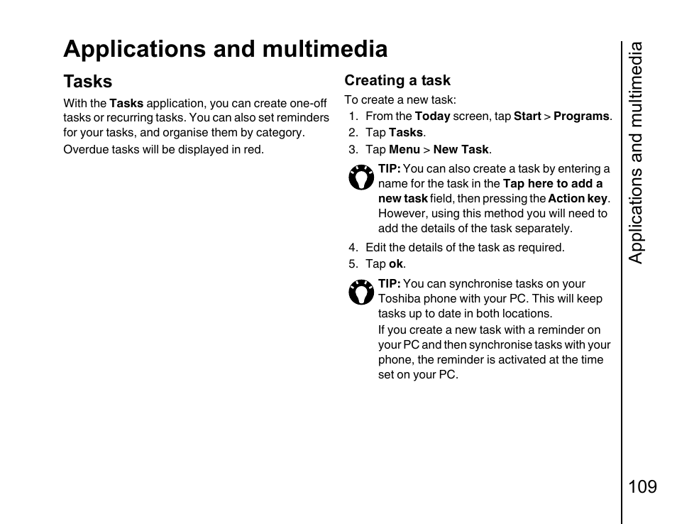 Tasks, See tasks in, Applications and multimedia | Applications and multimedia 109 | Toshiba Portege G810 User Manual | Page 110 / 180