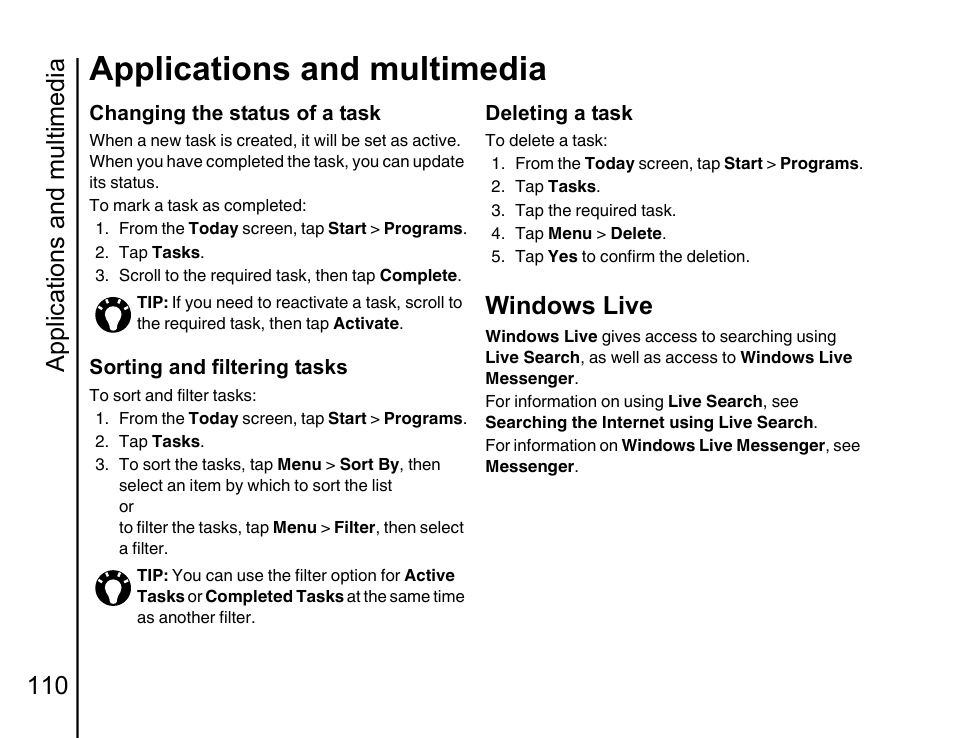 Windows live, Applications and multimedia, Applications and multimedia 110 | Toshiba Portege G810 User Manual | Page 111 / 180