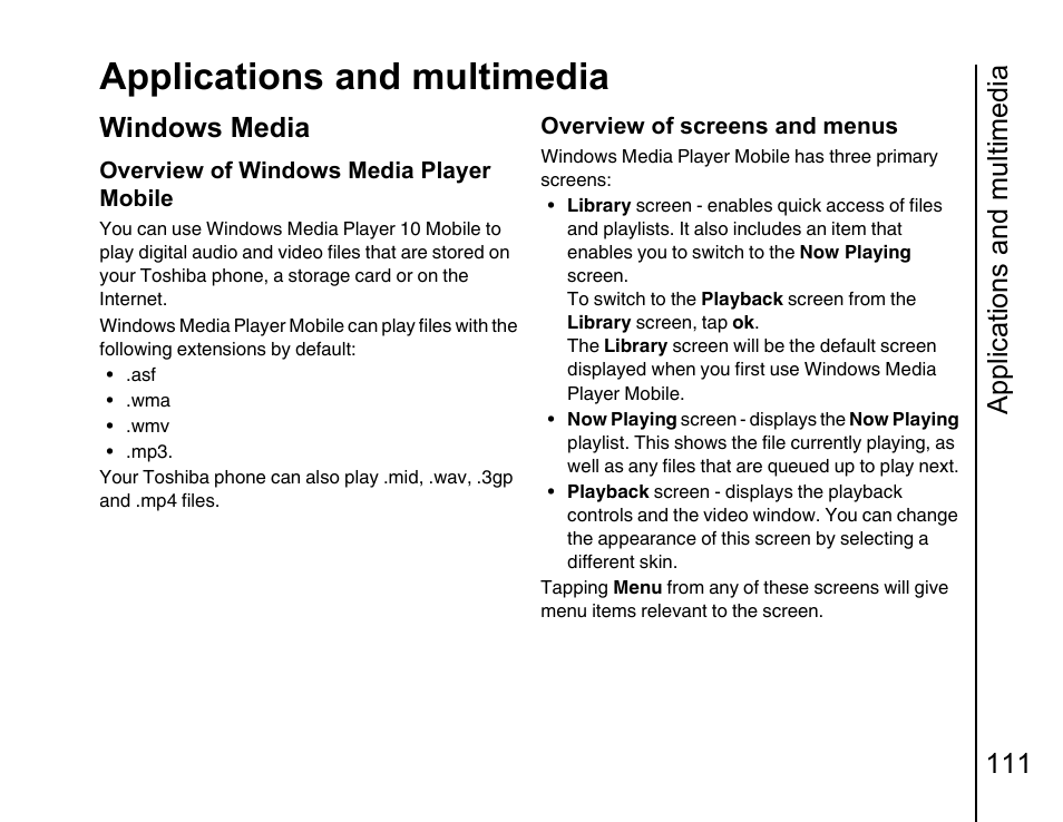 Windows media, Applications and multimedia, Applications and multimedia 111 | Toshiba Portege G810 User Manual | Page 112 / 180