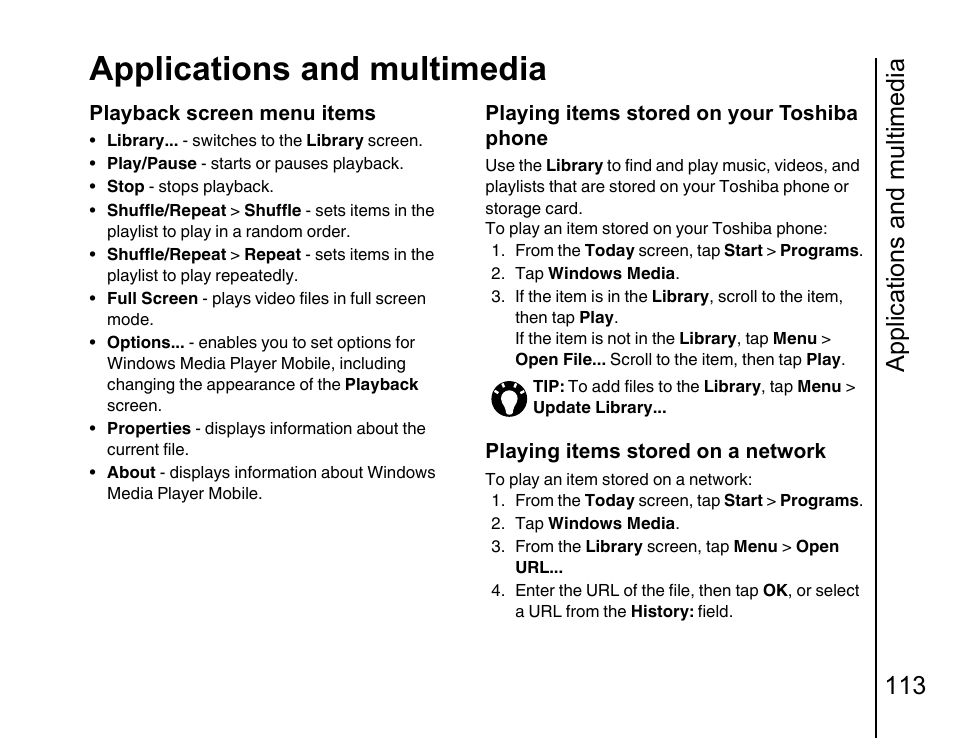 Applications and multimedia, Applications and multimedia 113 | Toshiba Portege G810 User Manual | Page 114 / 180