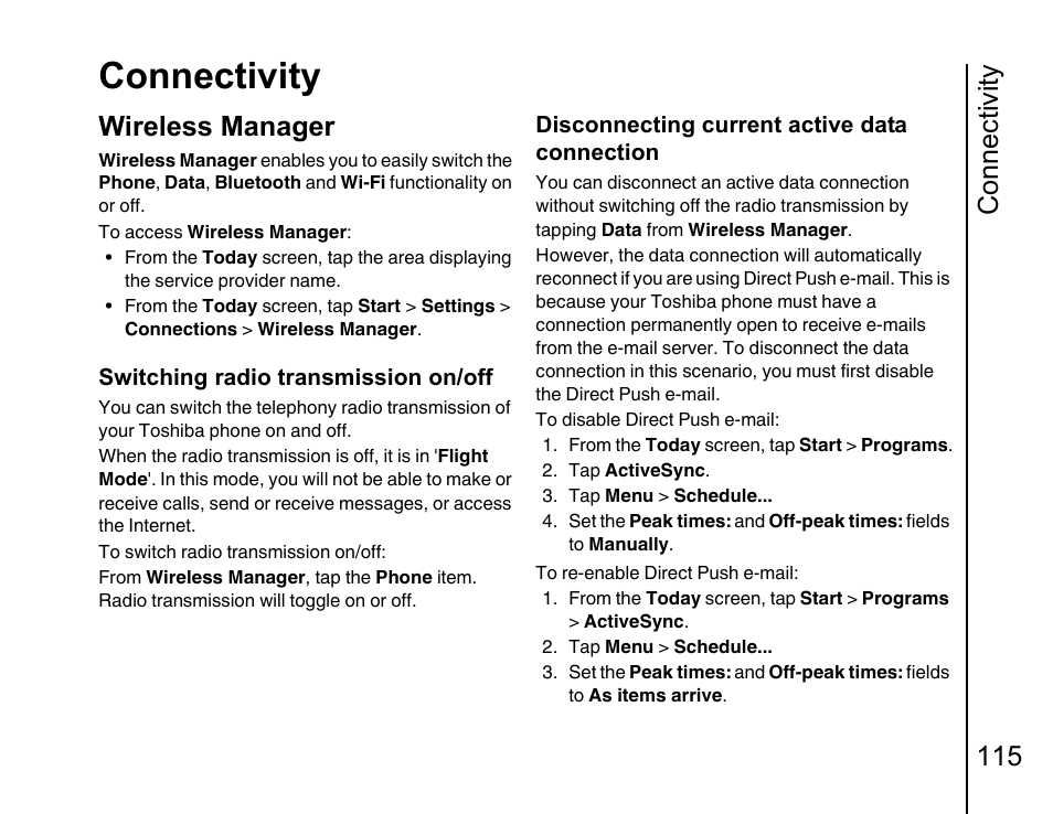 Connectivity 115 wireless manager 115, Connectivity, Connectivity 115 | Wireless manager | Toshiba Portege G810 User Manual | Page 116 / 180