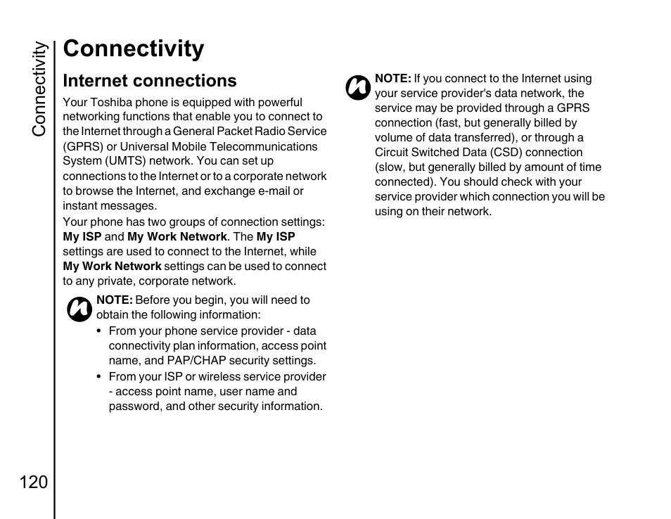 Internet connections 120, Internet connections, Connectivity | Connectivity 120 | Toshiba Portege G810 User Manual | Page 121 / 180