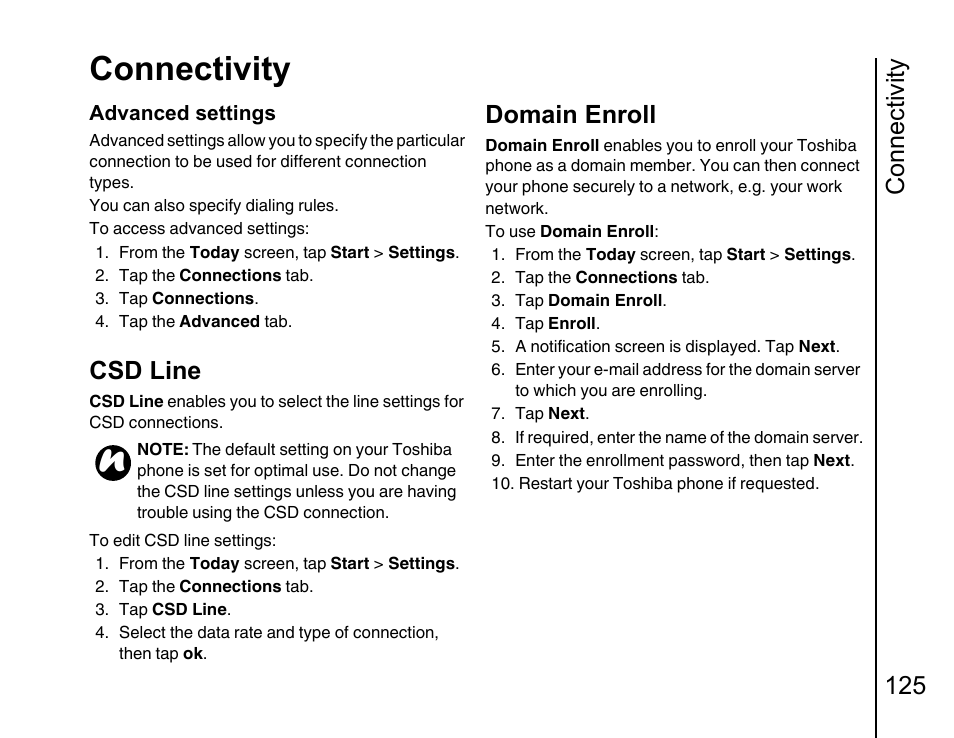 Csd line 12, Domain enroll, Connectivity | Connectivity 125, Csd line | Toshiba Portege G810 User Manual | Page 126 / 180