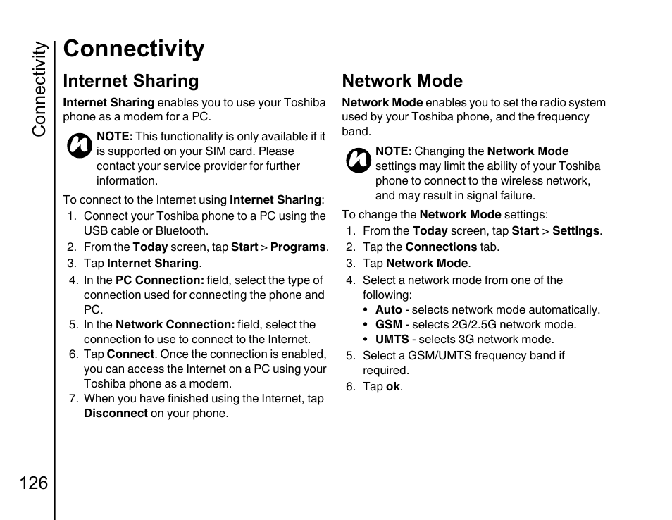 Internet sharing, Network mode, Connectivity | Connectivity 126 | Toshiba Portege G810 User Manual | Page 127 / 180