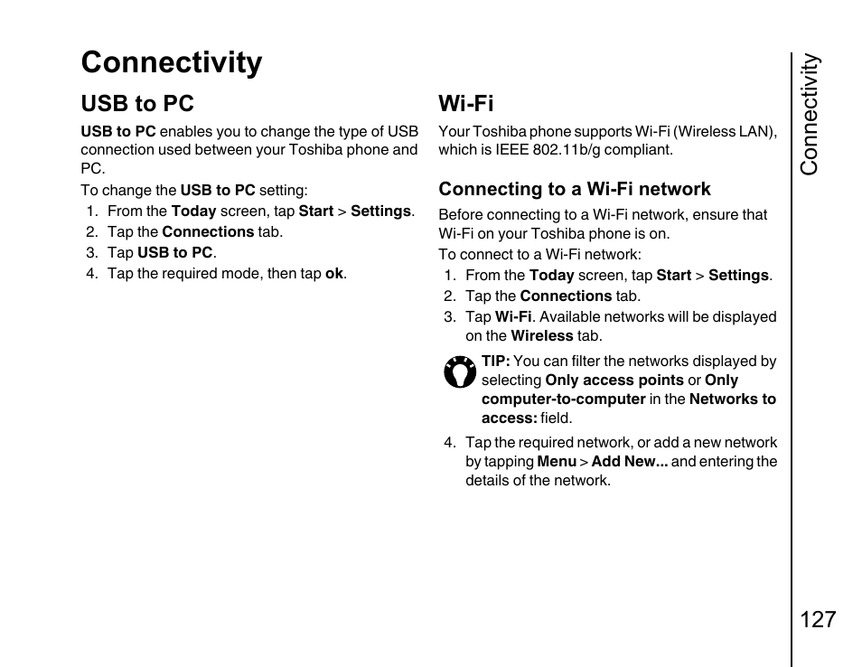 Usb to pc, Wi-fi 12, Wi-fi in | Connectivity, Connectivity 127, Wi-fi | Toshiba Portege G810 User Manual | Page 128 / 180