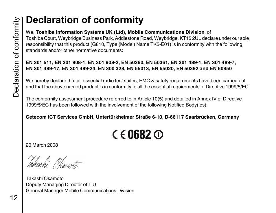 Declaration of conformity 12, Declaration of conformity | Toshiba Portege G810 User Manual | Page 13 / 180