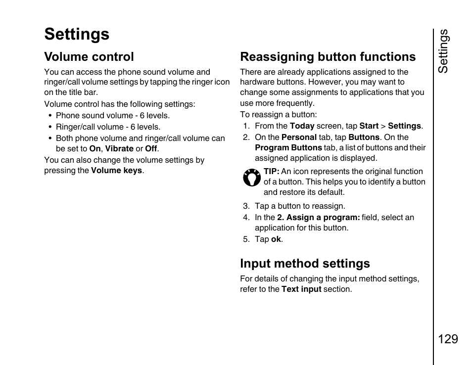 Settings 129 volume control 129, Reassigning button functions 129, Settings | Settings 129, Volume control, Reassigning button functions, Input method settings | Toshiba Portege G810 User Manual | Page 130 / 180