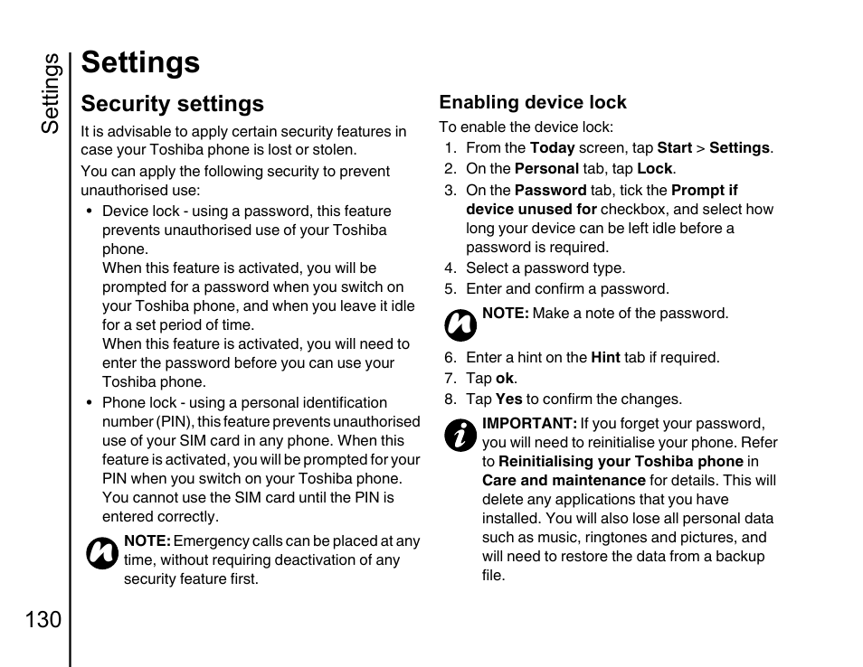 Security settings 130, Settings, Settings se | Settings 130, Security settings | Toshiba Portege G810 User Manual | Page 131 / 180
