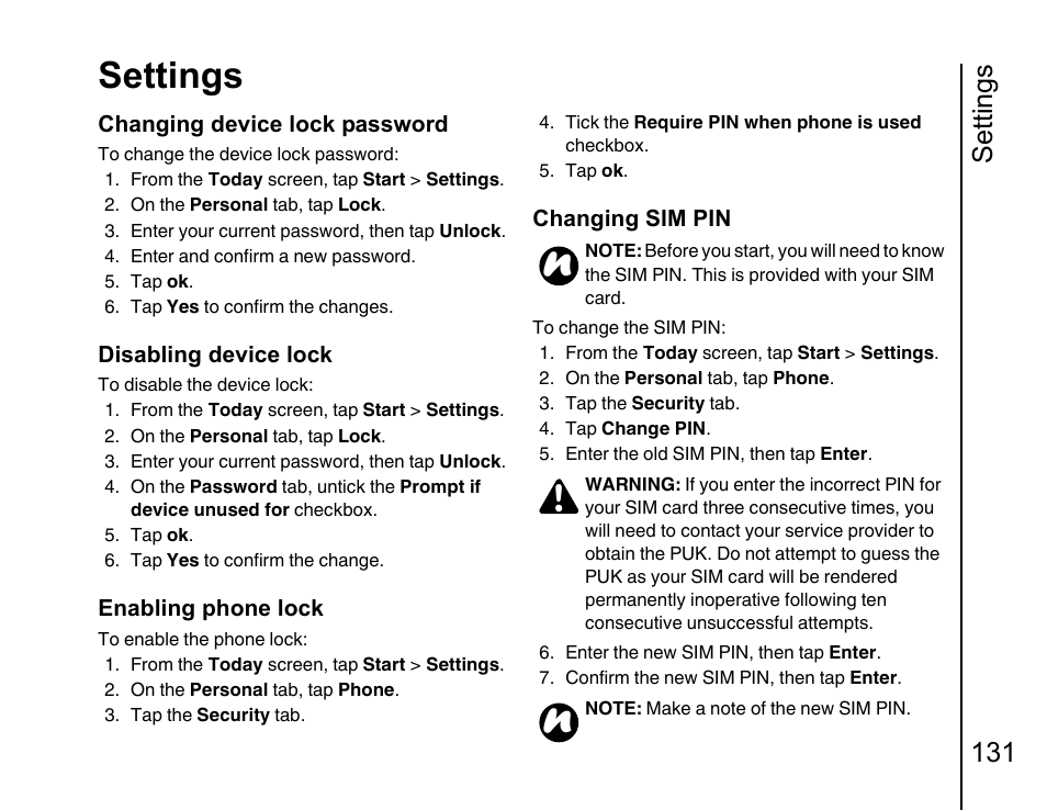 Settings, Settings 131 | Toshiba Portege G810 User Manual | Page 132 / 180