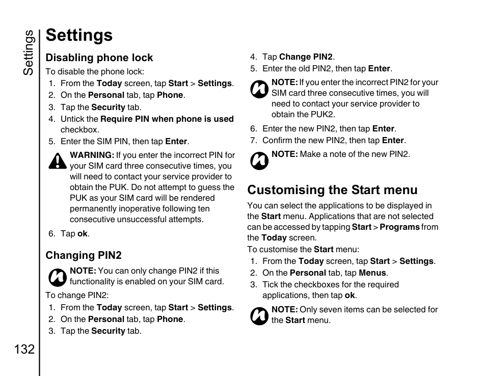 Customising the s, Settings, Settings 132 | Customising the start menu | Toshiba Portege G810 User Manual | Page 133 / 180
