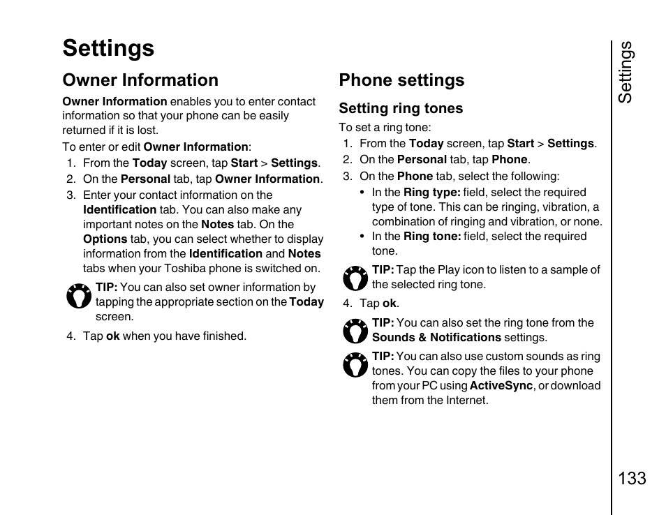 Owner information 133, Phone, Ee owner information | Settings, Settings 133, Owner information, Phone settings | Toshiba Portege G810 User Manual | Page 134 / 180