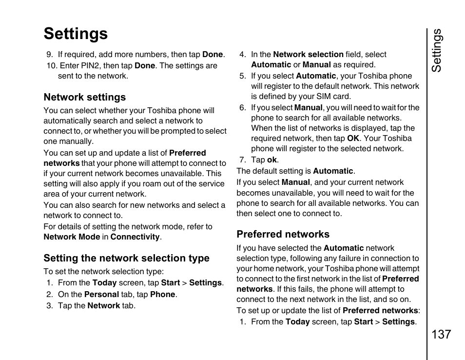 Settings, Settings 137 | Toshiba Portege G810 User Manual | Page 138 / 180