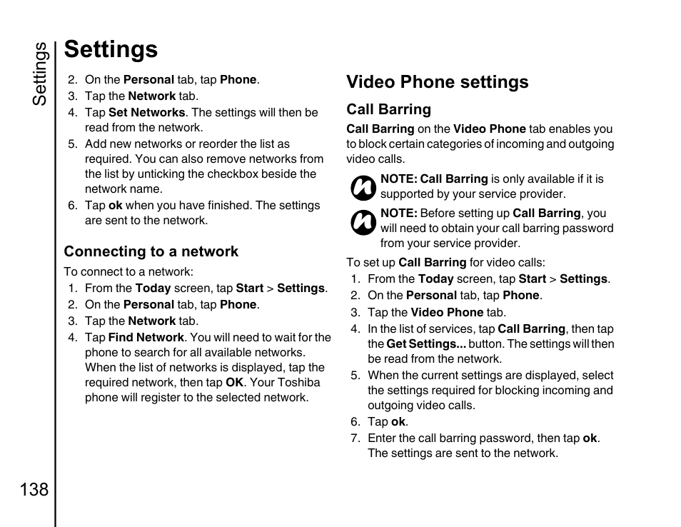 Video phone settings 138, Settings, Settings 138 | Video phone settings | Toshiba Portege G810 User Manual | Page 139 / 180