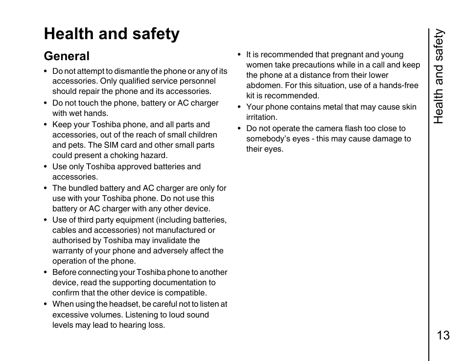 Health and safety 13 general 13, Health and safety, Health and safety 13 | General | Toshiba Portege G810 User Manual | Page 14 / 180