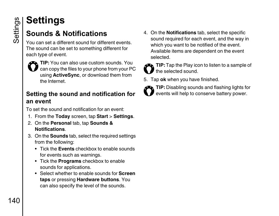 Sounds & notifications, Settings, Settings 140 | Toshiba Portege G810 User Manual | Page 141 / 180