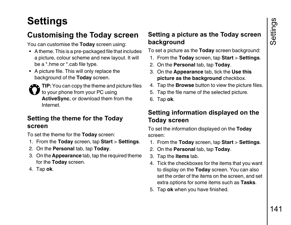 Customising the to, Customising the today screen in, Settings | Settings 141, Customising the today screen | Toshiba Portege G810 User Manual | Page 142 / 180