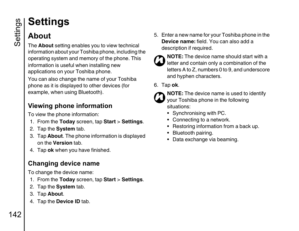 About, Settings, Settings 142 | Toshiba Portege G810 User Manual | Page 143 / 180