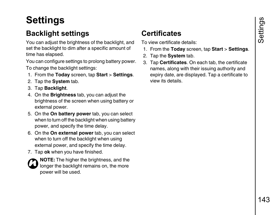Backlight sett, Certificates 143, Settings | Settings 143, Backlight settings, Certificates | Toshiba Portege G810 User Manual | Page 144 / 180