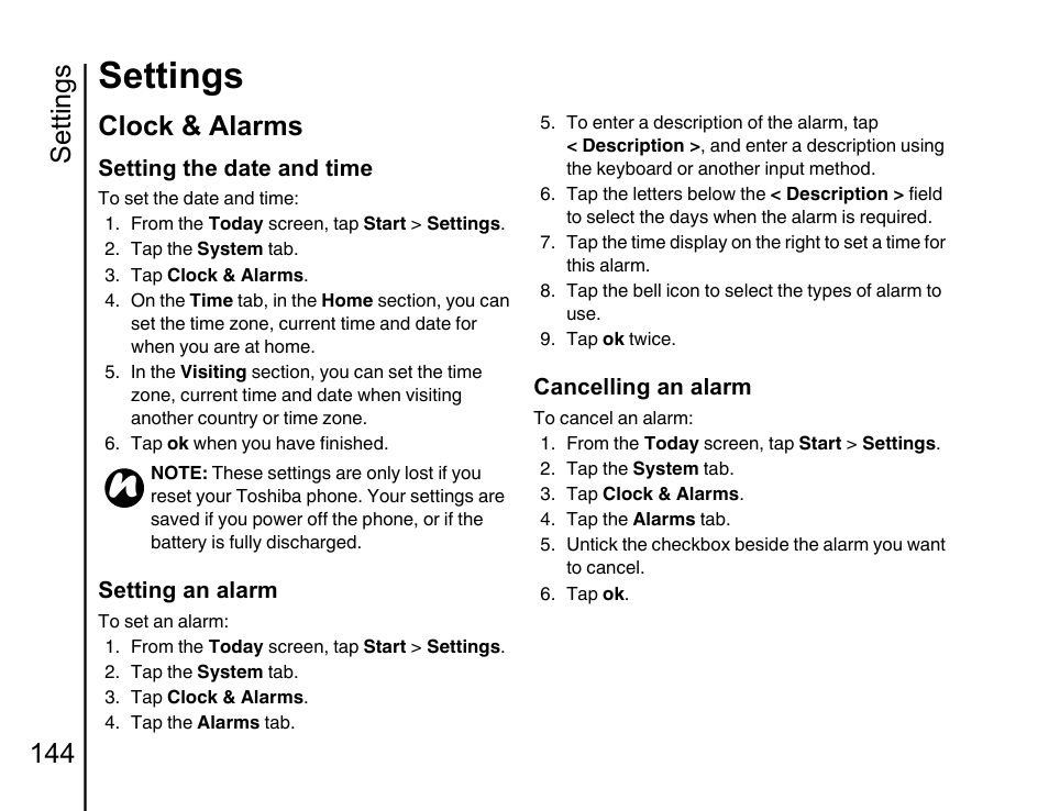 Clock & alarms, E clock & alarms in, Settings | Settings 144 | Toshiba Portege G810 User Manual | Page 145 / 180