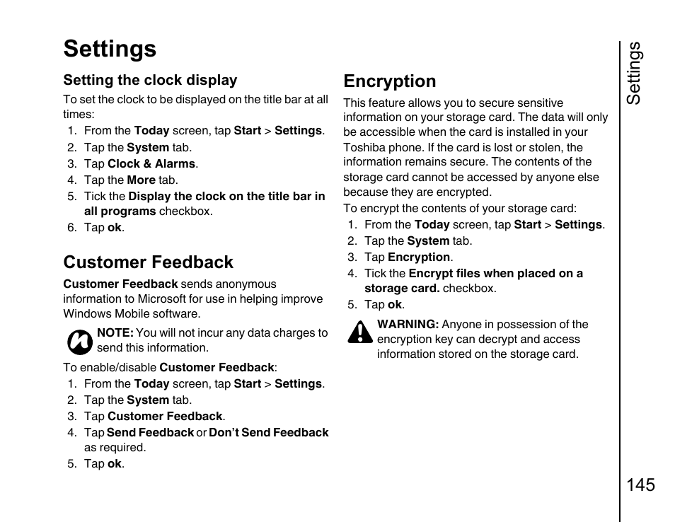 Customer feedback 145, Encryption, Settings | Settings 145, Customer feedback | Toshiba Portege G810 User Manual | Page 146 / 180