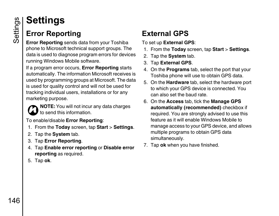 Error reporting, External gps 146, Settings | Settings 146, External gps | Toshiba Portege G810 User Manual | Page 147 / 180